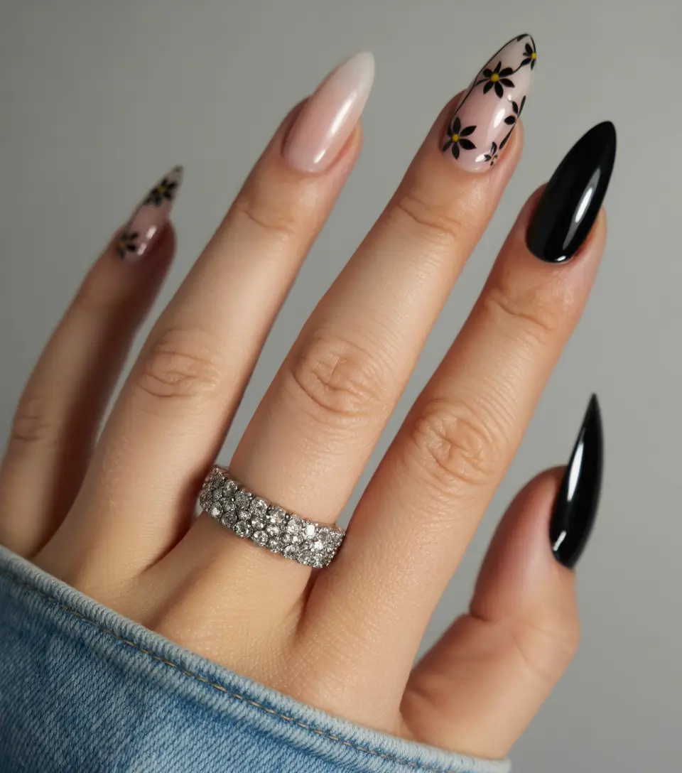 summer black nails ideas 2025 Floral Fade with Glossy Black Drama