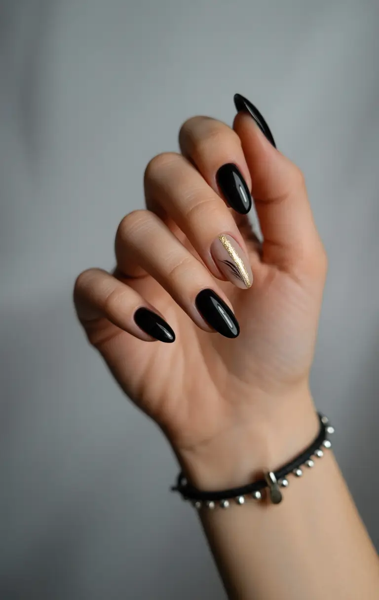 summer black nails ideas 2025 Golden Whisper on Nude