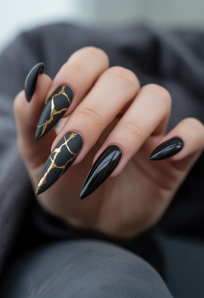summer black nails ideas 2025 Kintsugi-Inspired Matte Magic