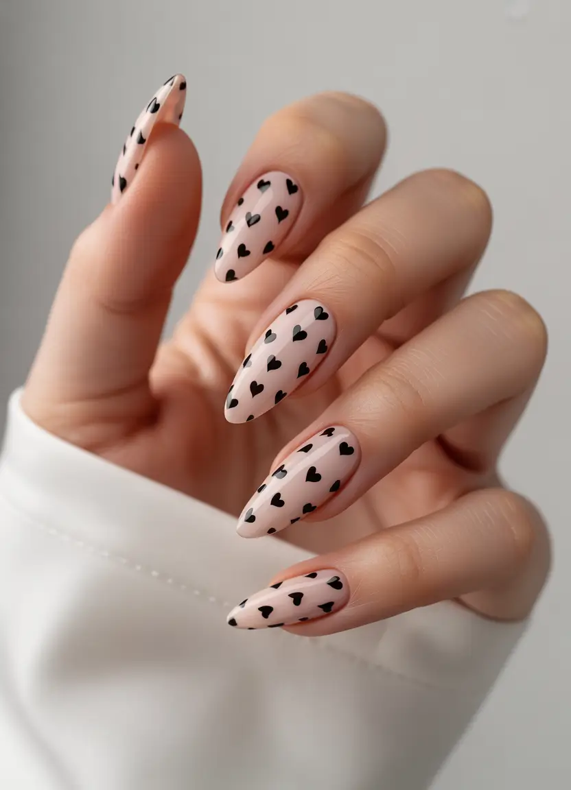 summer black nails ideas 2025 Black Hearts on Soft Pink