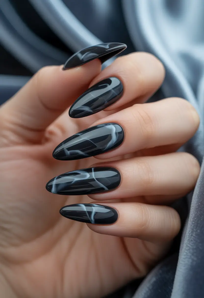 summer black nails ideas 2025 Chic Marble Veins in Black