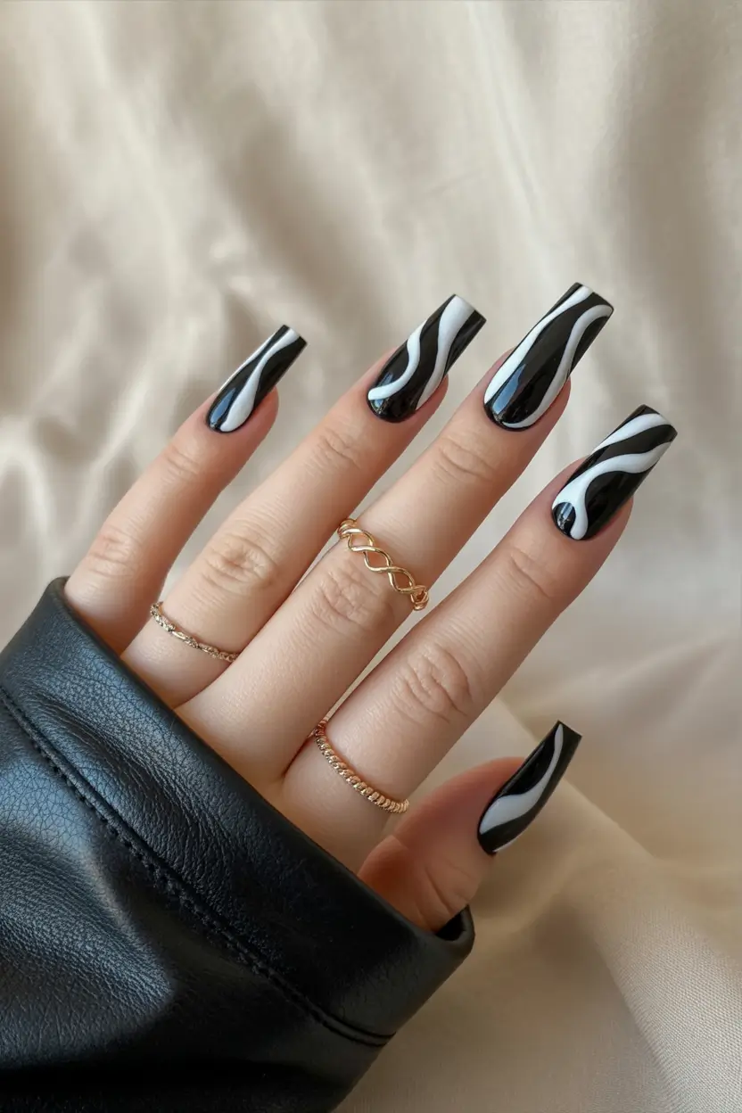 summer black nails ideas 2025 Wavy Contrast: The Power of Black and White in Motion