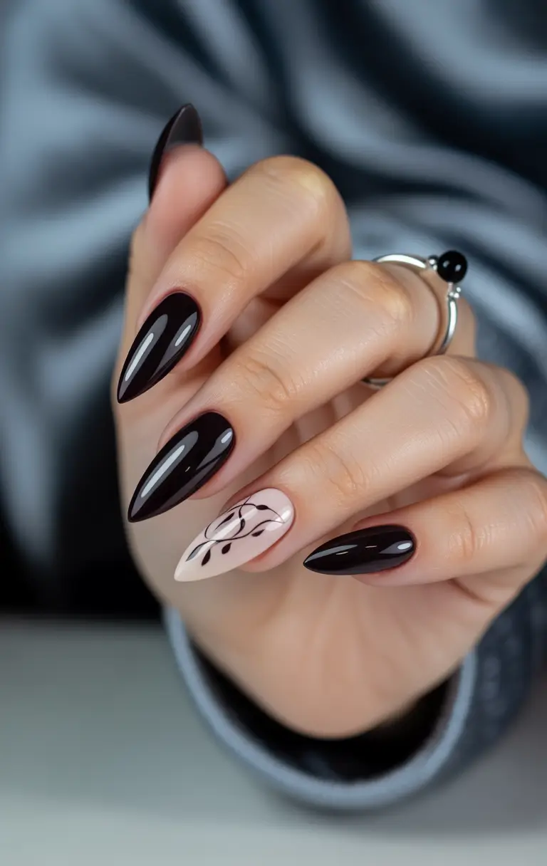 summer black nails ideas 2025 Wine-Black Drama With a Botanical Whisper