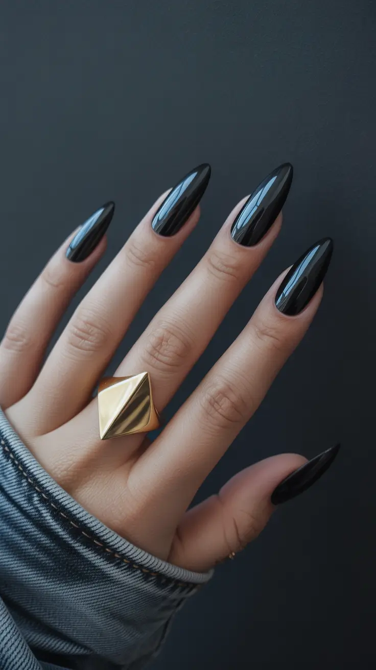 summer black nails ideas 2025 Black Mirror Almond: The Ultimate Power Mani