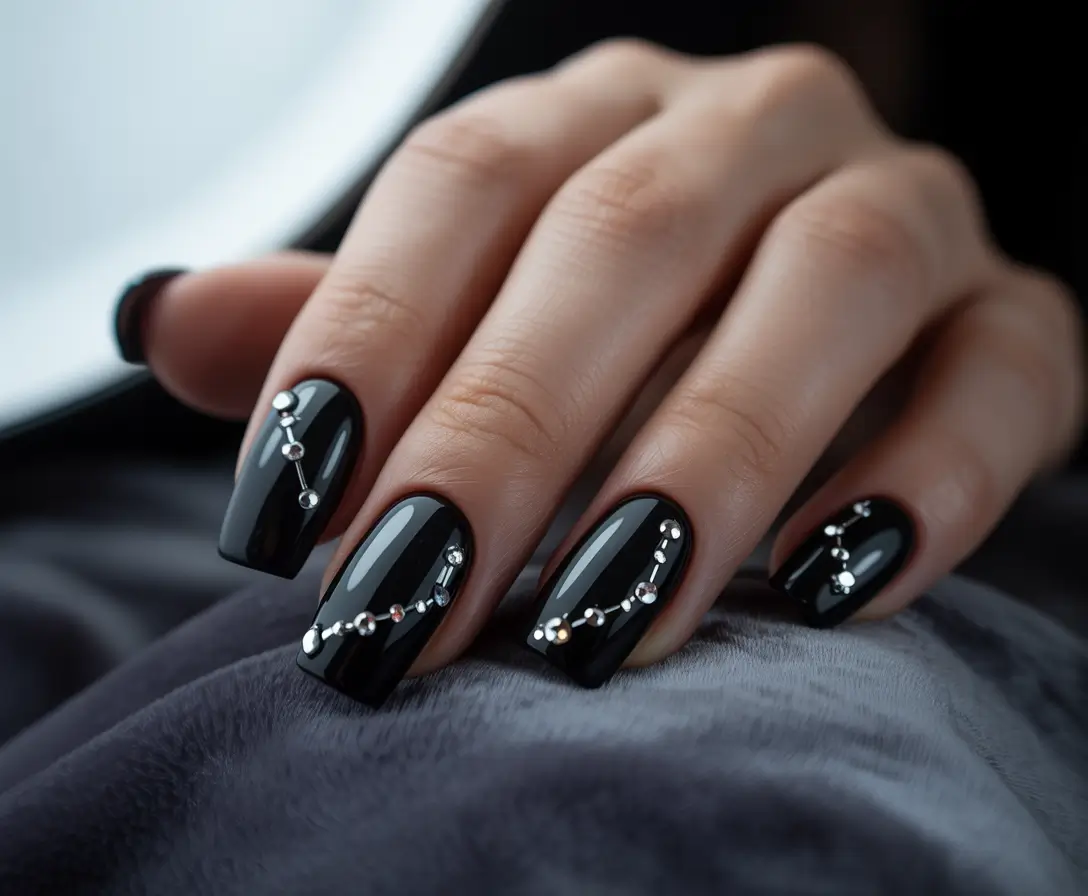 summer black nails ideas 2025 Constellation Sparkle: Short Stars for a Night Out