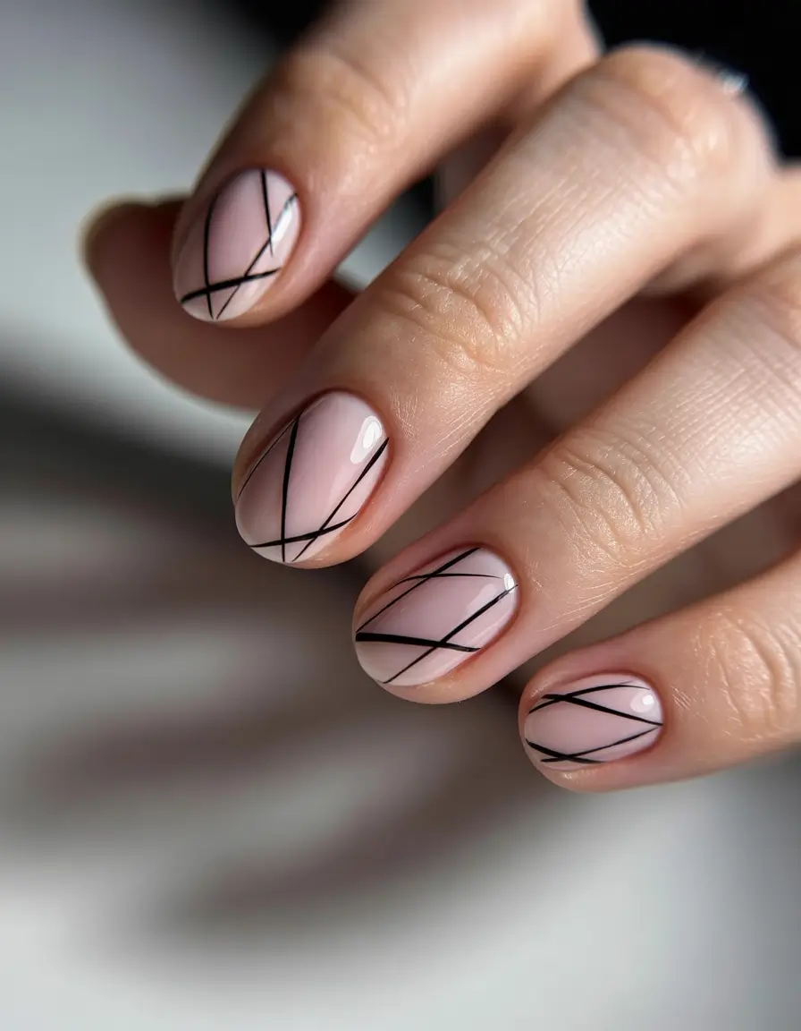 summer black nails ideas 2025 Geometric Whisper: Minimal Lines on Nude Base