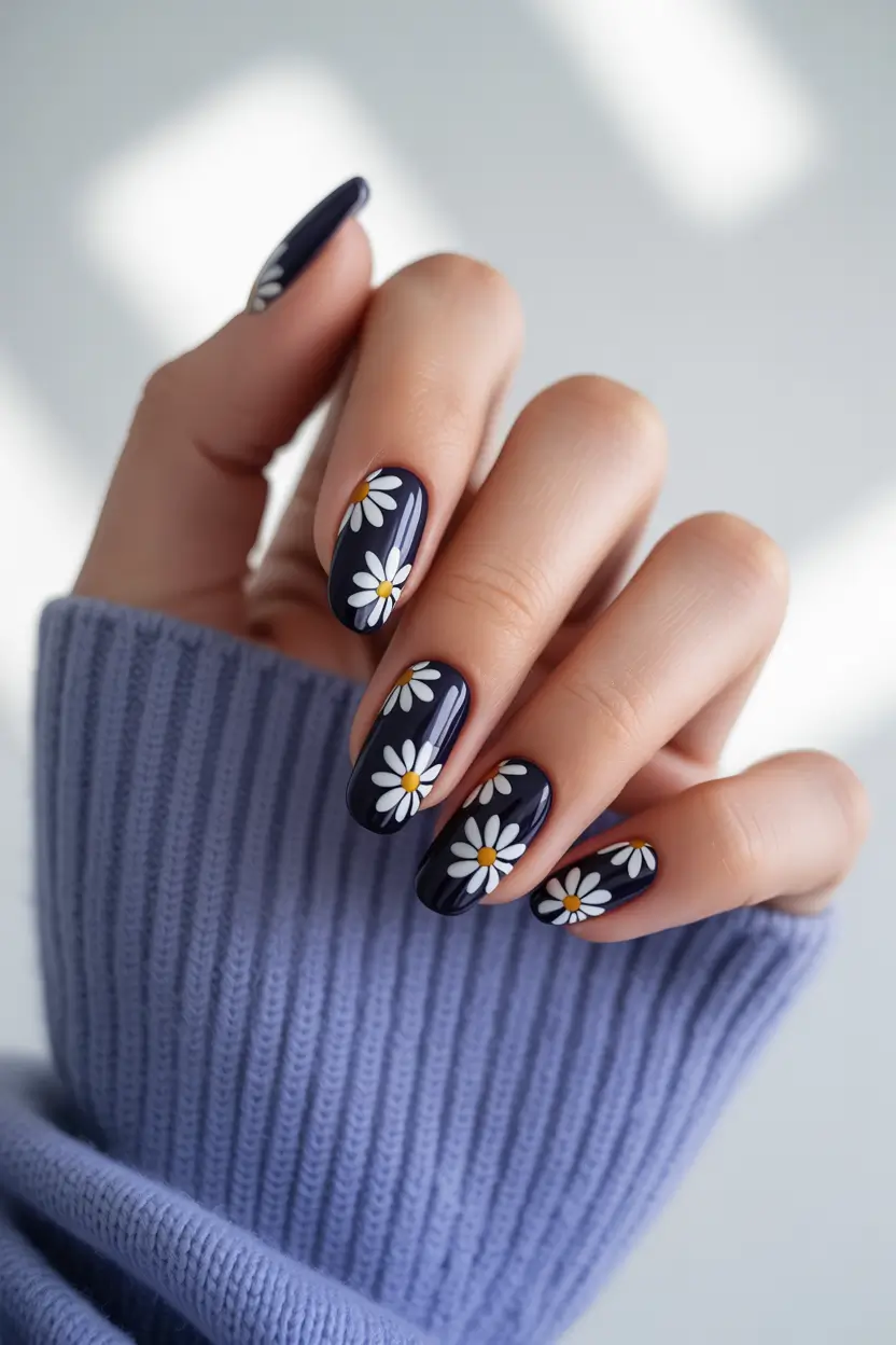 summer black nails ideas 2025 Daisy Pop on Midnight Base