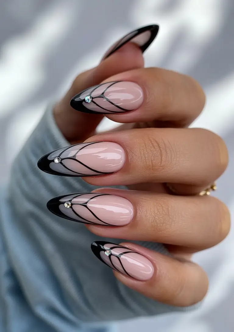 summer black nails ideas 2025 Elegant Wings: Black French With Crystal Detail
