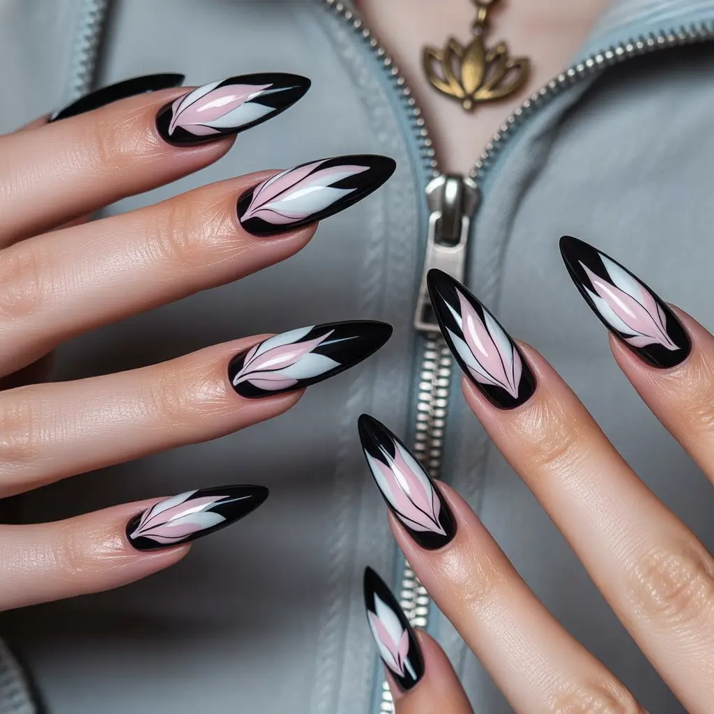 summer black nails ideas 2025 Petal Precision: Graphic Florals in Pink and White