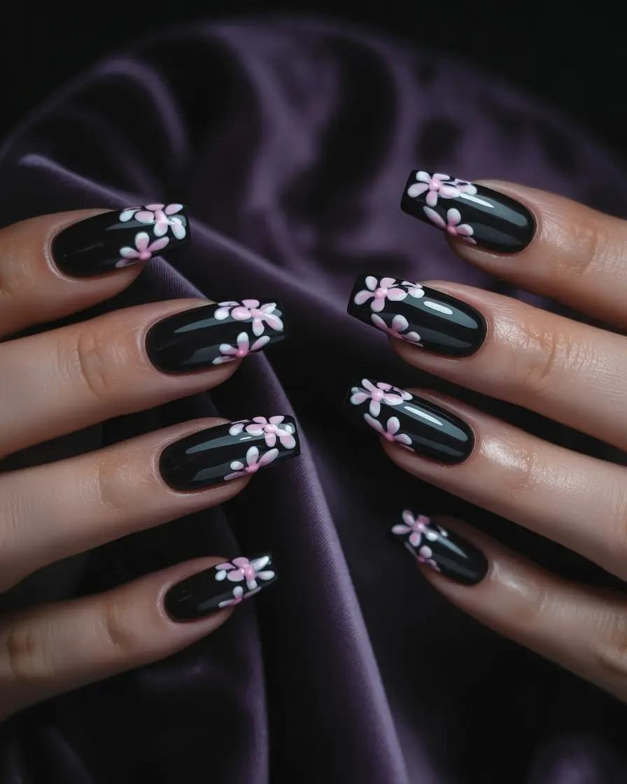 summer black nails ideas 2025 Pink Blossoms on Black