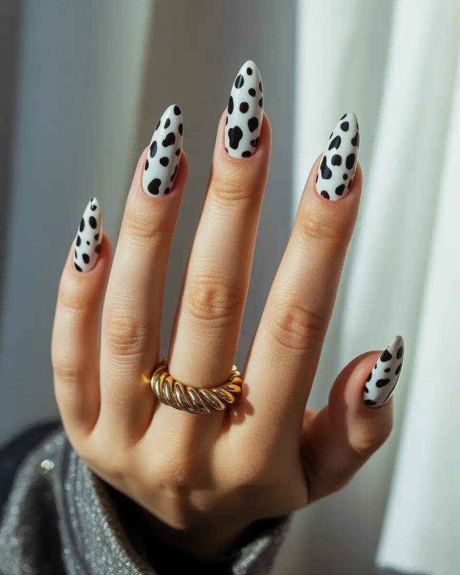 summer black nails ideas 2025 Bold Cowprint in Matte Black and White