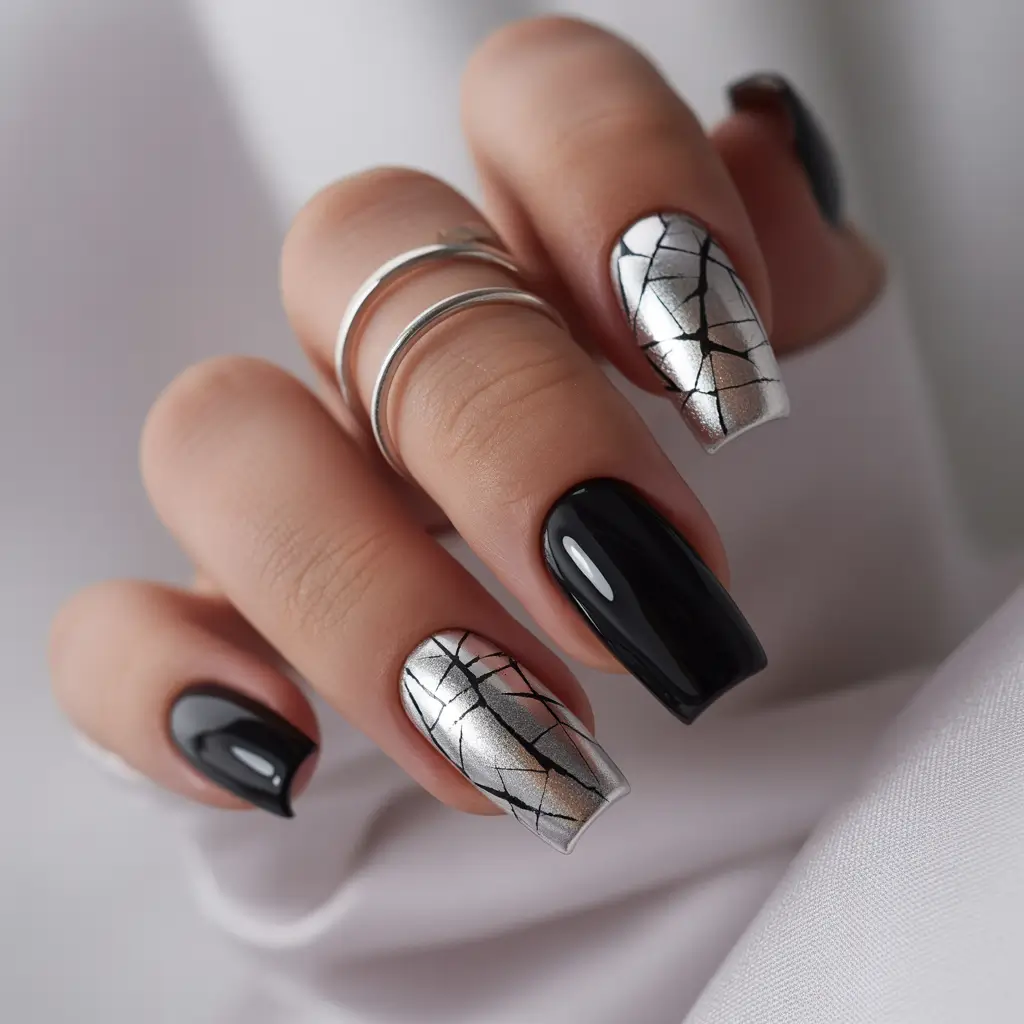 summer black nails ideas 2025 Chrome Silver and Jet Black Contrast