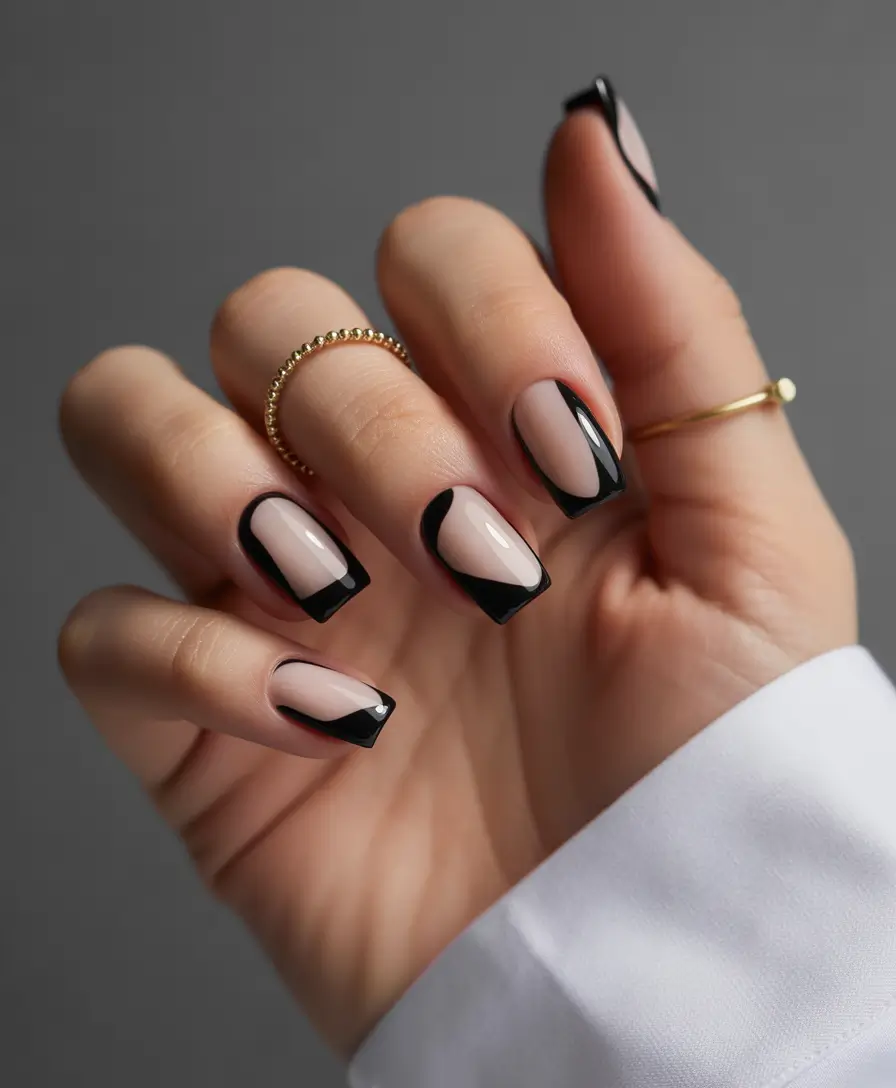 summer black nails ideas 2025 Graphic Minimalism with a French Twist