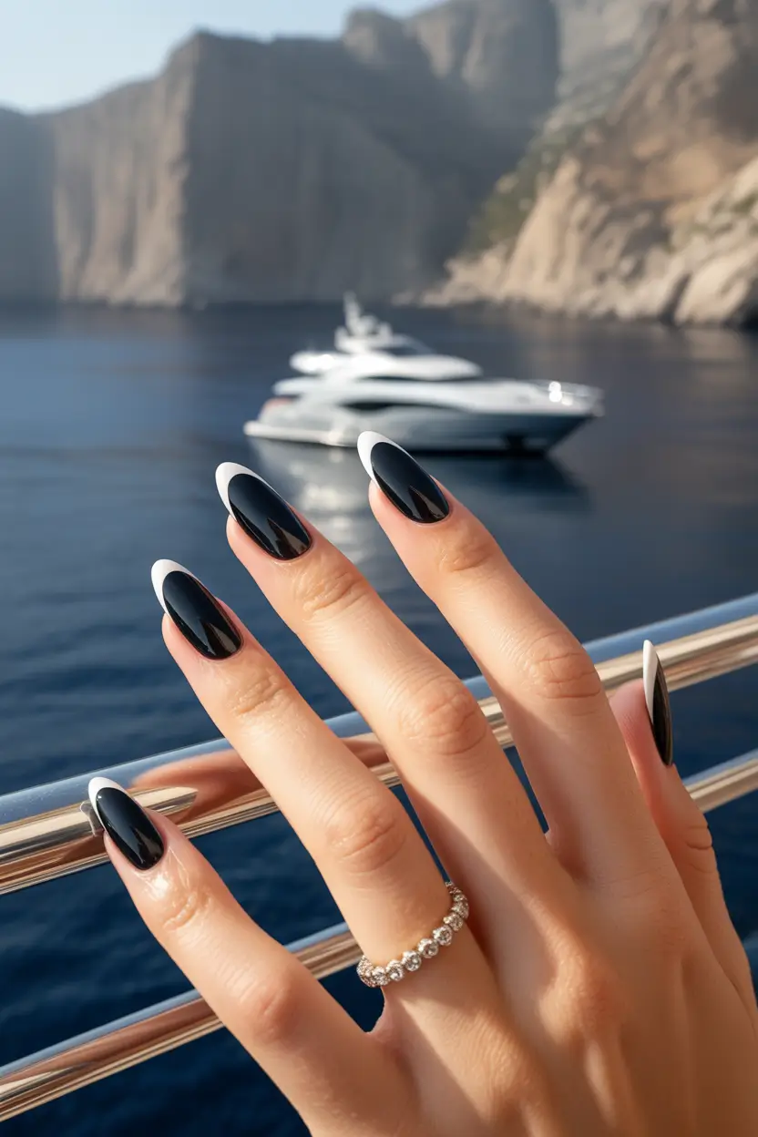 summer black nails ideas 2025 Monochrome Yacht Chic