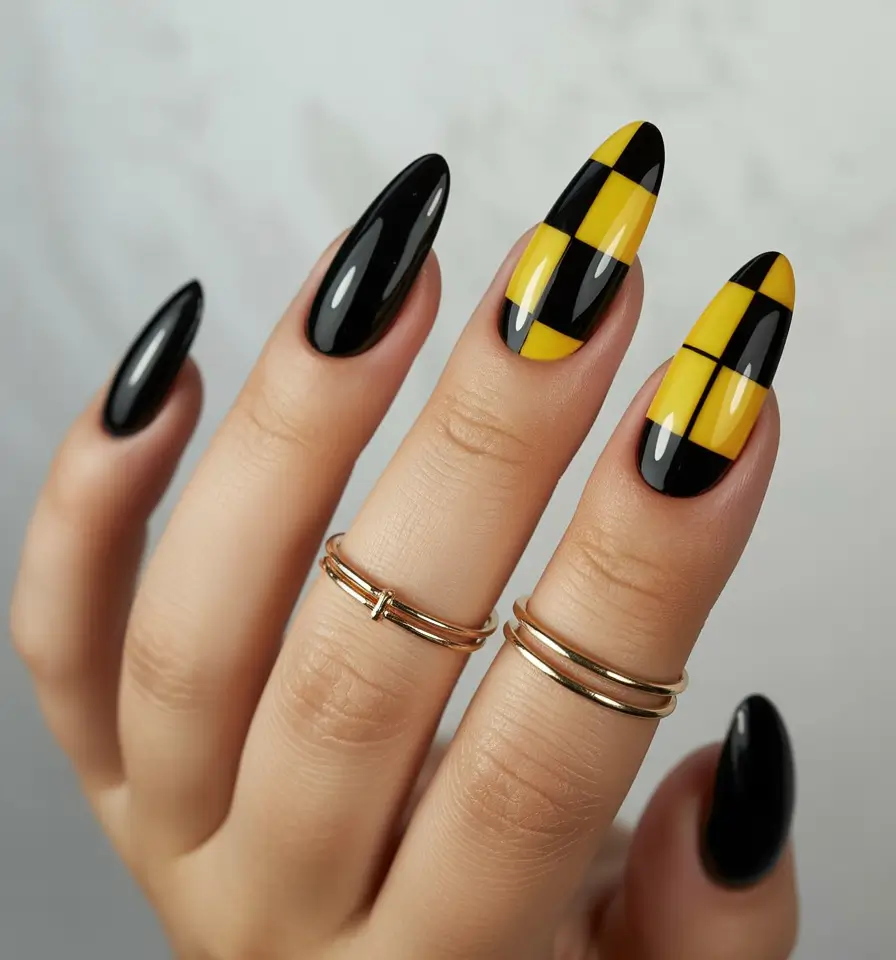 summer black nails ideas 2025 Bee-Checker Pop Art Vibes