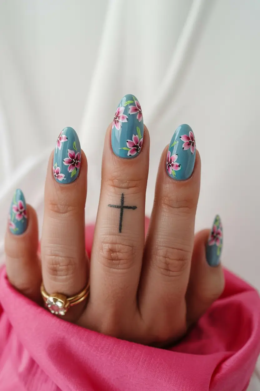 summer blue nails ideas 2025 Floral Breeze on Blue