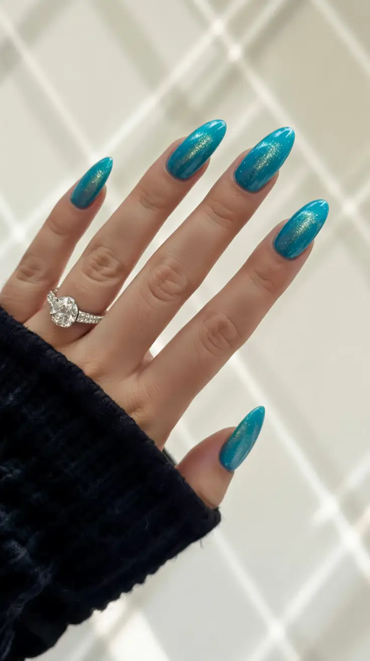 summer blue nails ideas 2025 Shimmering Ocean Blues with Gold