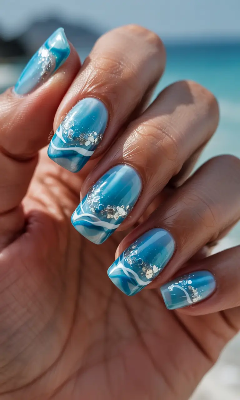 summer blue nails ideas 2025 Wave-Inspired Beach Art on Square Tips