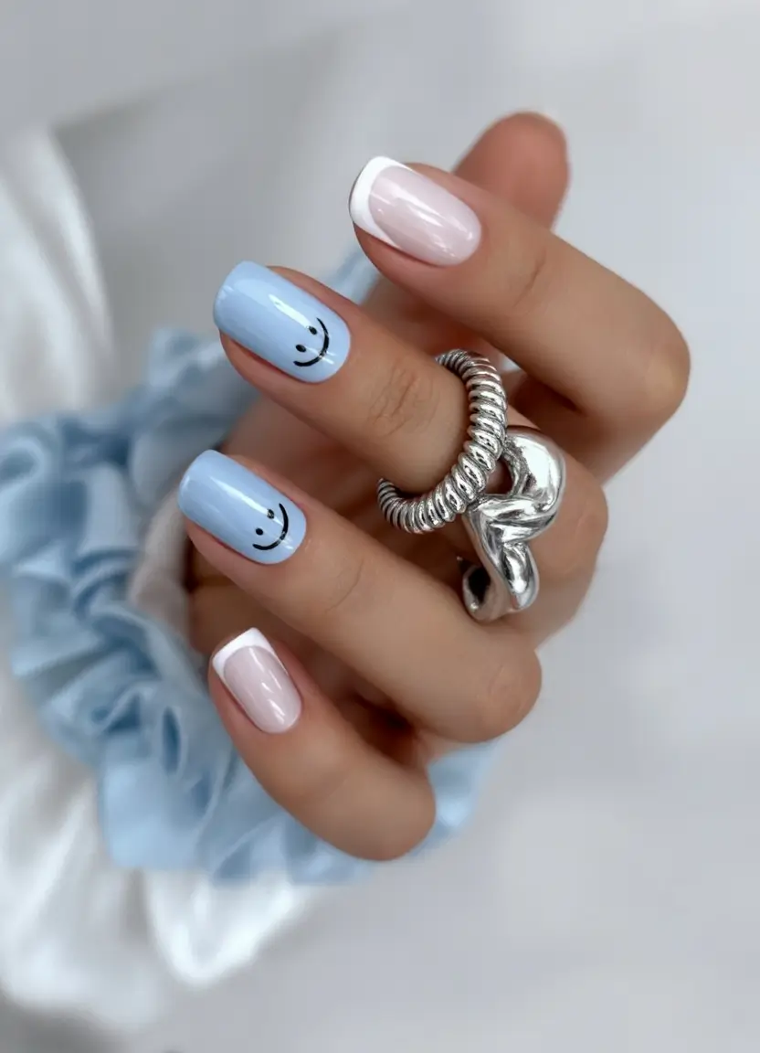 summer blue nails ideas 2025 Smiley Accents and Classic French Tip Fun