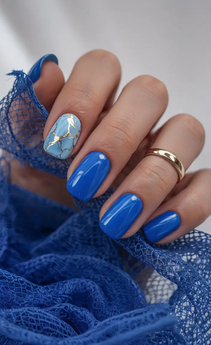 summer blue nails ideas 2025 Marble Dreams with a Hint of Gold