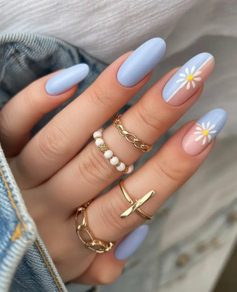 summer blue nails ideas 2025 Pastel Daisies and Denim Blue Daydream