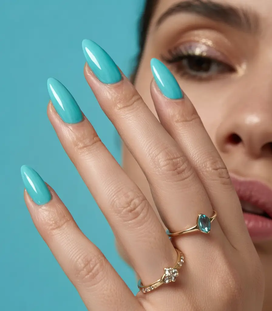 summer blue nails ideas 2025 Glossy Aqua for the Bold Minimalist
