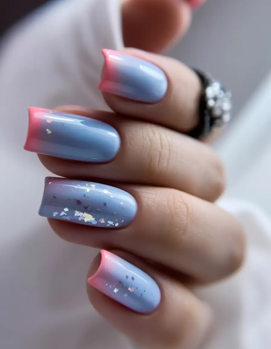 summer blue nails ideas 2025 Pink-Tipped Periwinkle with Iridescent Flakes