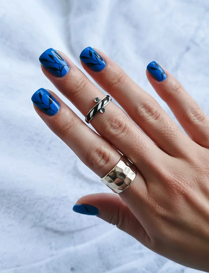summer blue nails ideas 2025 Botanical Charcoal on Bold Blue