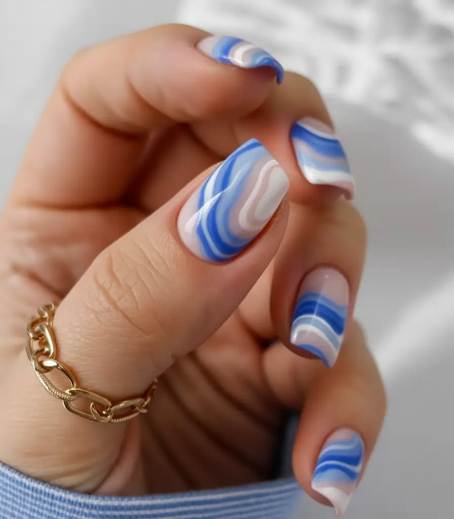 summer blue nails ideas 2025 Retro Swirls in Sky and Cream