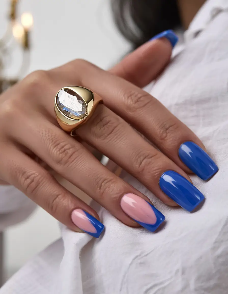 summer blue nails ideas 2025 Modern French with Barbiecore Energy