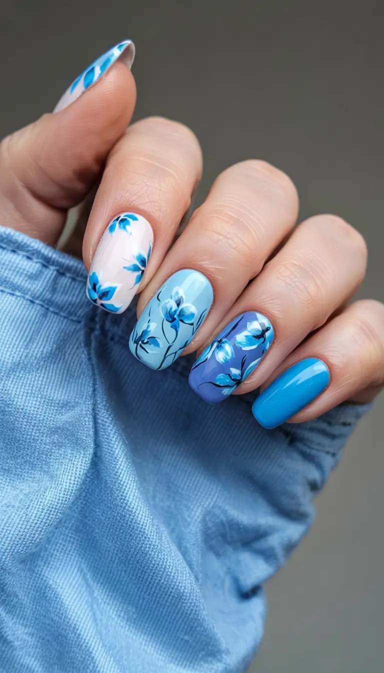 summer blue nails ideas 2025 Porcelain Garden Party