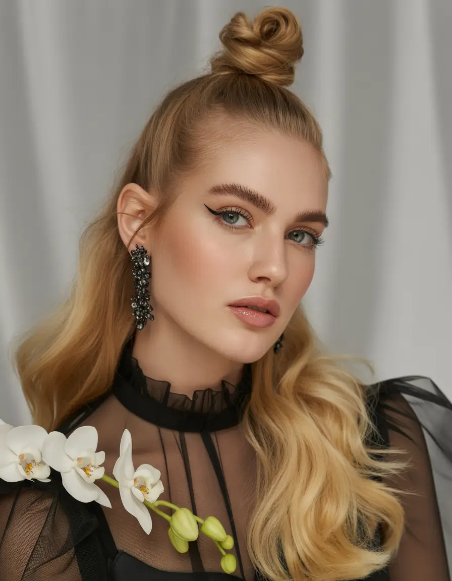 Summer Easy Hairstyle for Work 2025: Professional Ideas Top Knot with Face-Framing Waves