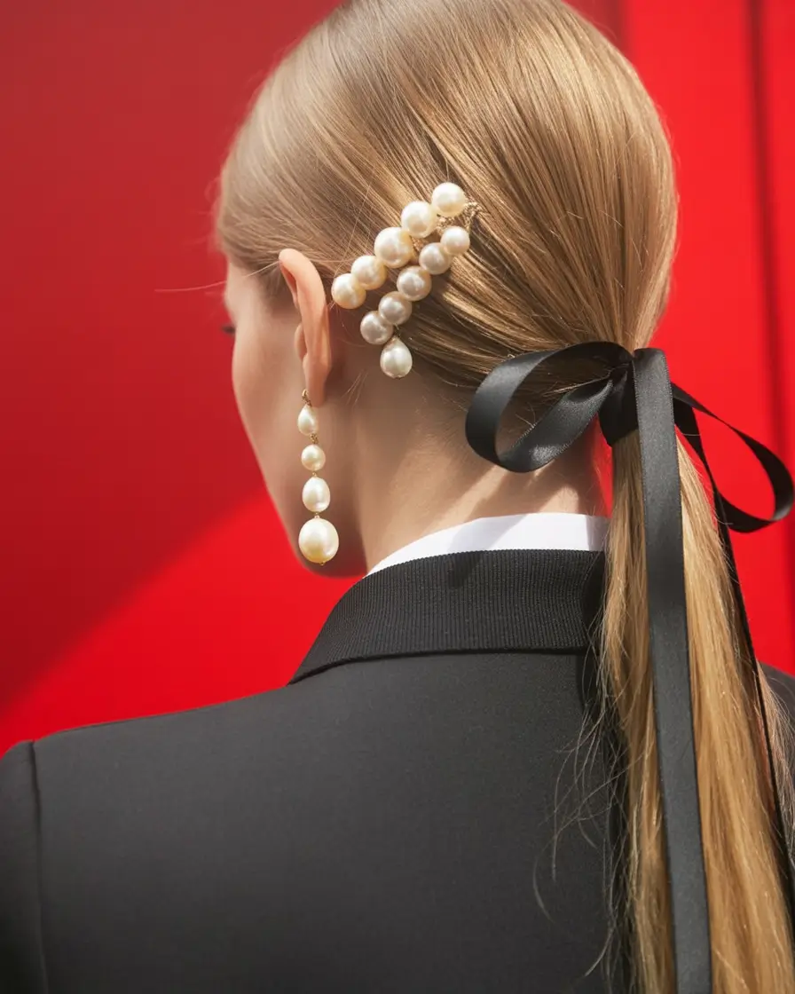 Summer Easy Hairstyle for Work 2025: Professional Ideas Elegant Low Ponytail with Pearls