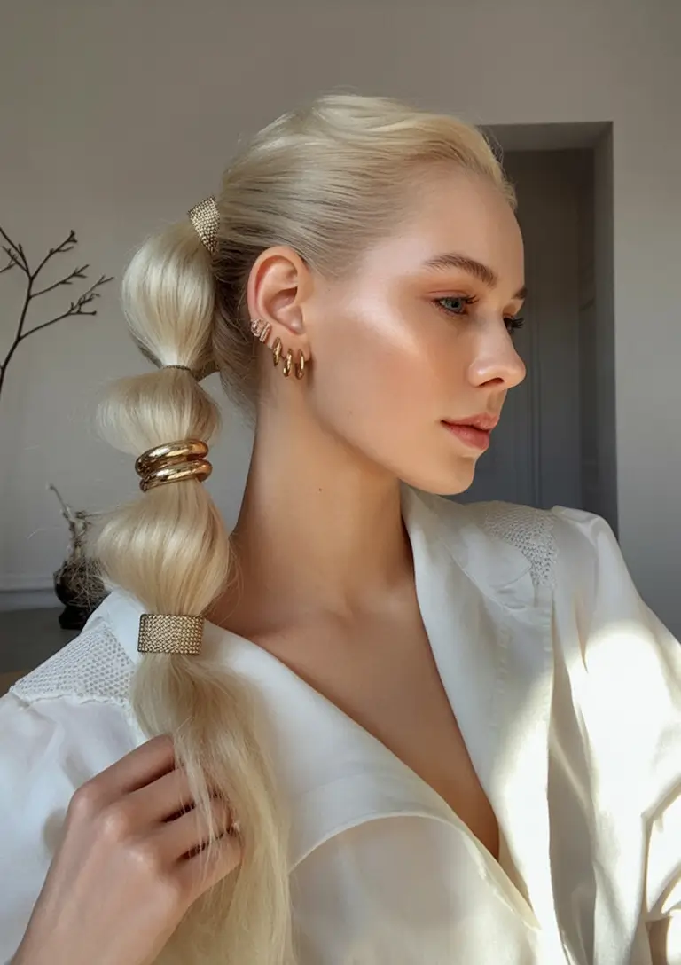 Summer Easy Hairstyle for Work 2025: Professional Ideas Bubble Ponytail with Golden Accents