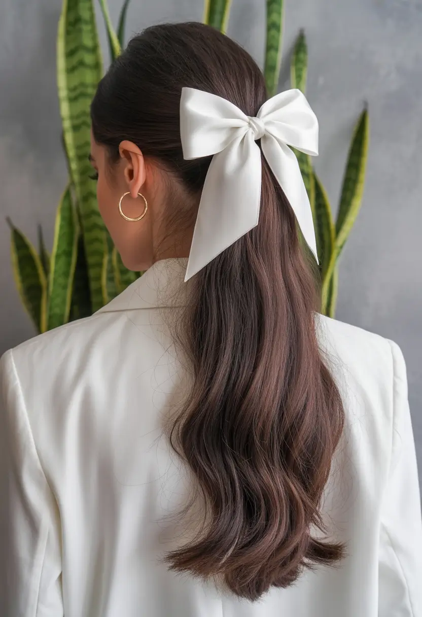 Summer Easy Hairstyle for Work 2025: Professional Ideas Feminine Wavy Ponytail with Ribbon