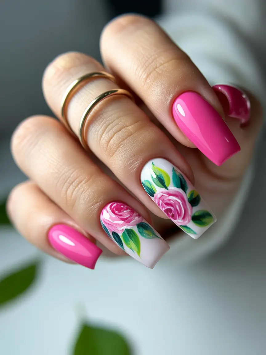summer flower nails ideas 2025 Hot Pink Roses in Full Bloom