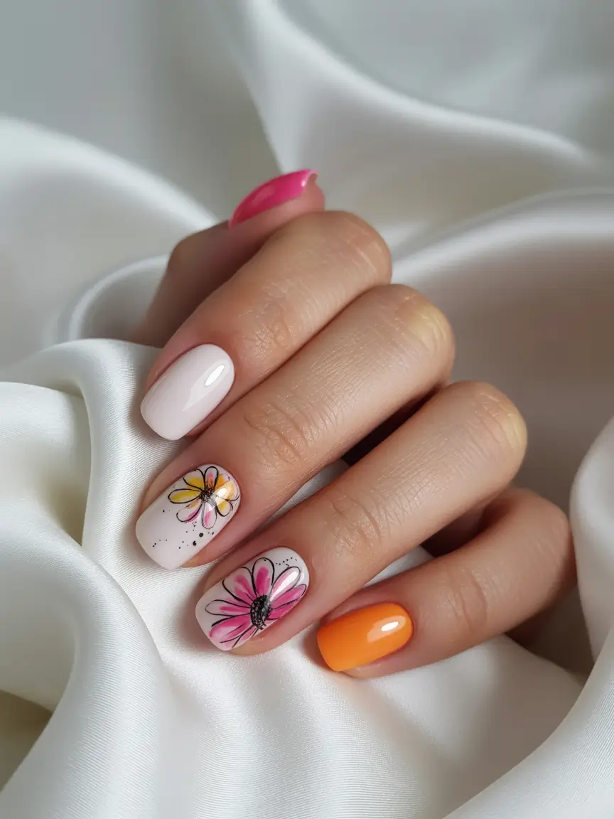 summer flower nails ideas 2025 Mixed Blooms and Bold Blocks