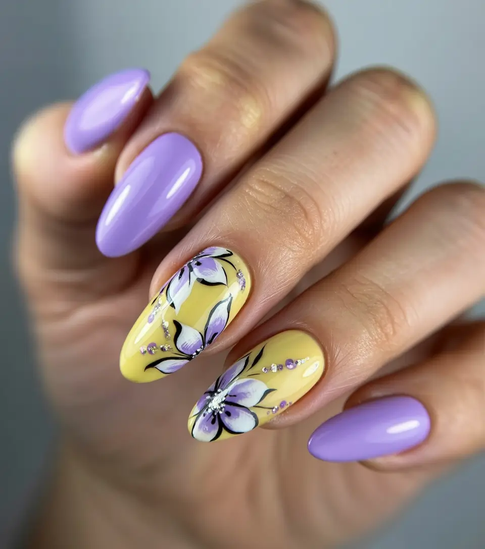 summer flower nails ideas 2025 Lavender Dreams Meet Floral Sunshine