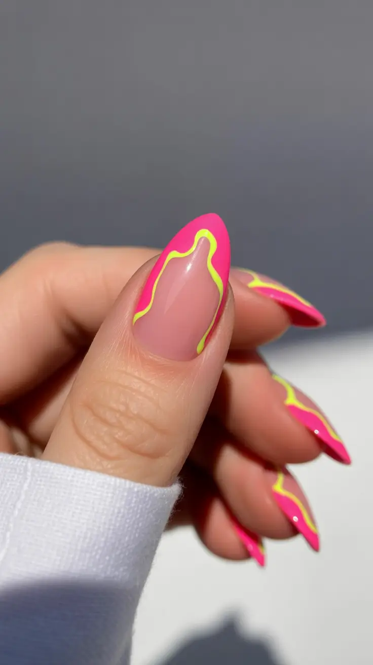 summer french nails ideas 2025 Hot Pink Melts With Neon Shock