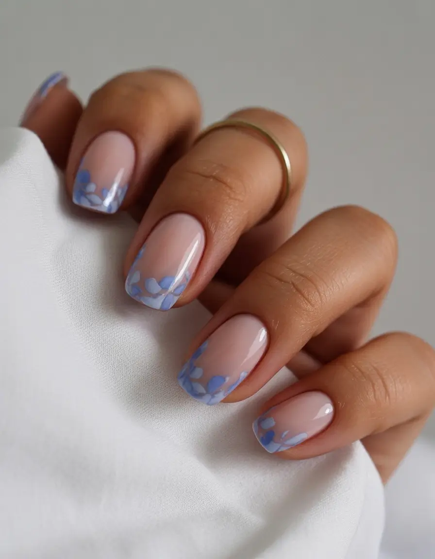 summer french nails ideas 2025 Delicate Blue Petals on Short Square Tips