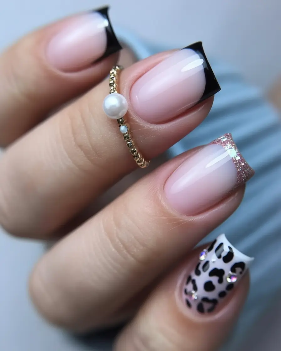 summer french nails ideas 2025 Mixed Media French with Glitter, Black & Leopard