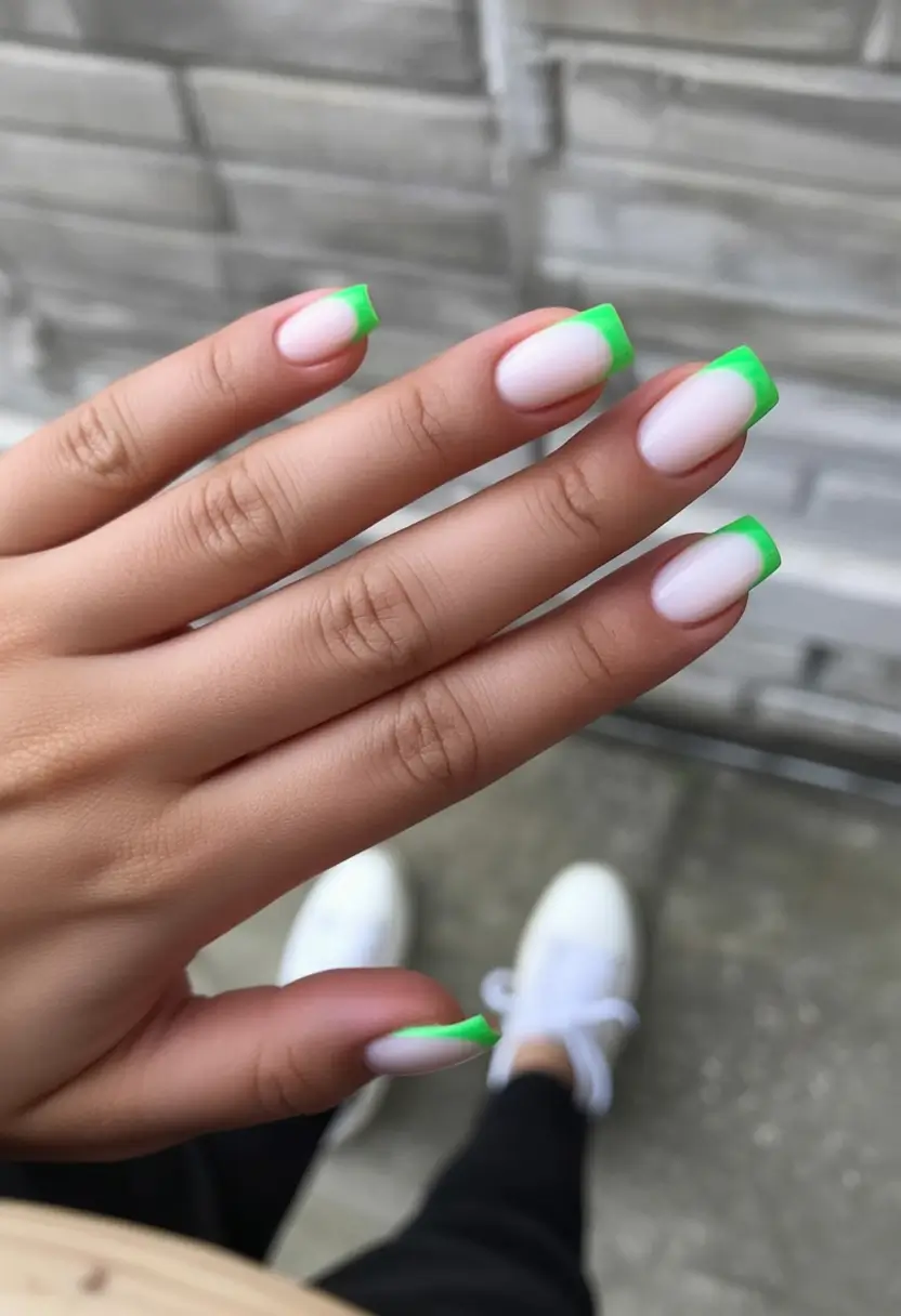 summer french nails ideas 2025 Lime Neon on Square French