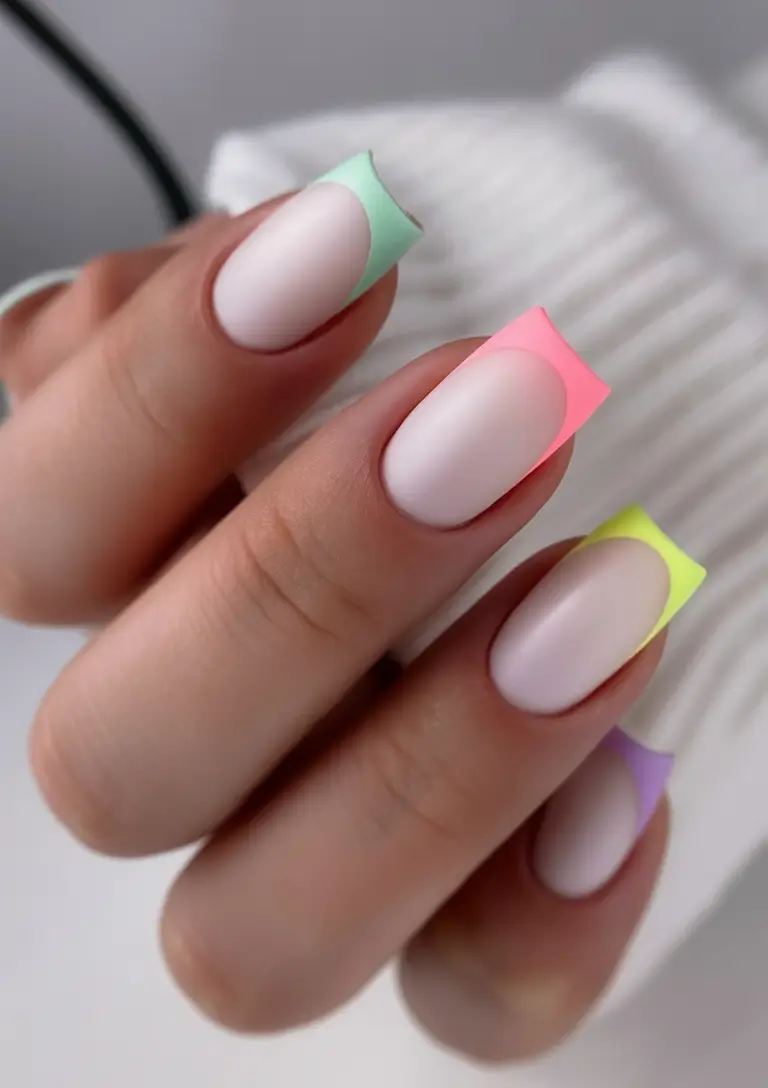 summer french nails ideas 2025 Soft Square French with Neon Frame