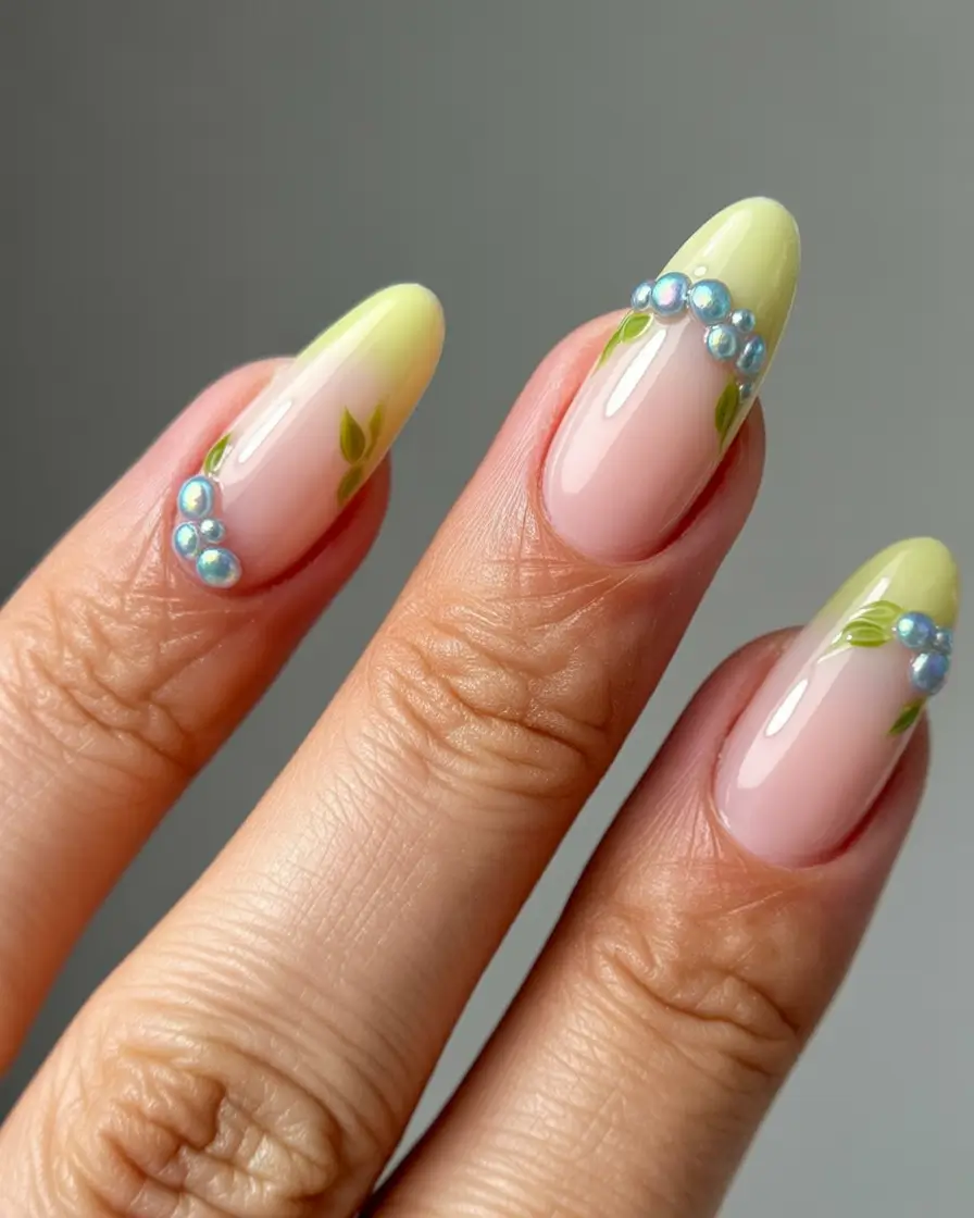 summer french nails ideas 2025 Lemon Fade with Pearl Details