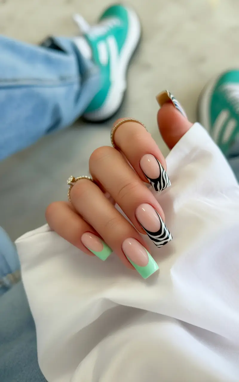 summer french nails ideas 2025 Zebra Meets Mint French Contrast