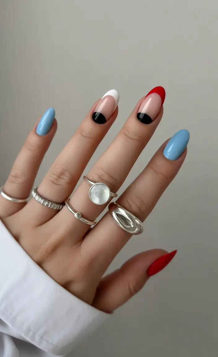summer french nails ideas 2025 Colorblock Retro Almond Mix