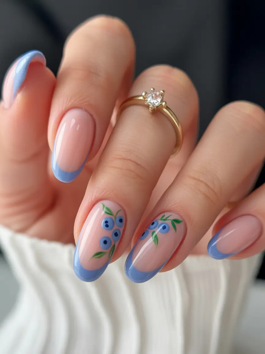 summer french nails ideas 2025 Delicate Blueberry French with Art