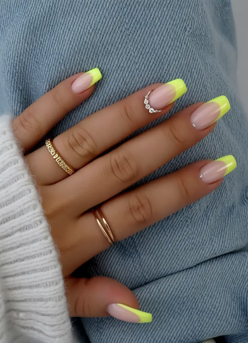 summer french nails ideas 2025 Lemon-Lime French With Crystal Drip