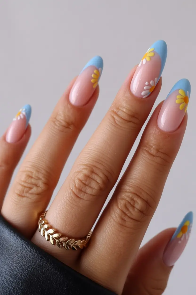 summer french nails ideas 2025 Daisy-Tipped Daydreams