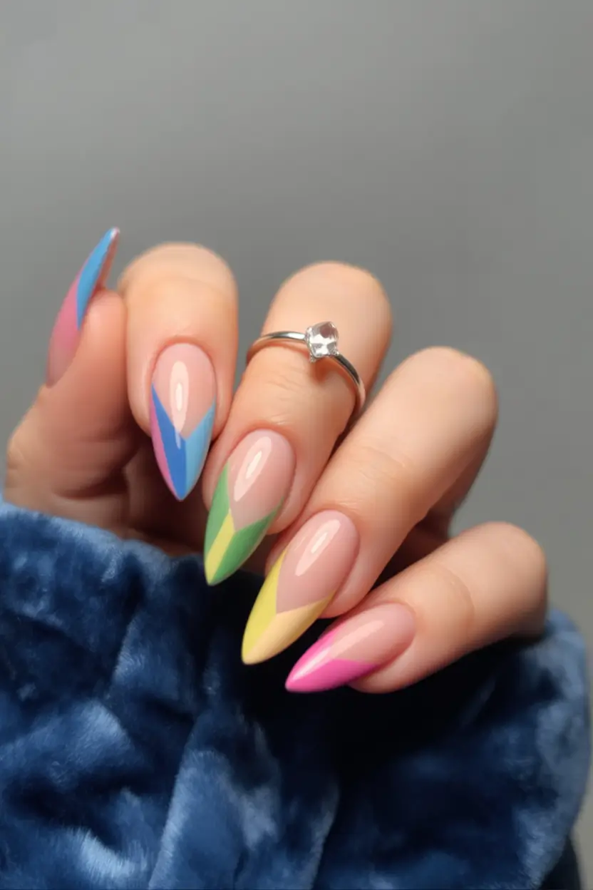 summer french nails ideas 2025 Colorblock Pop Tips